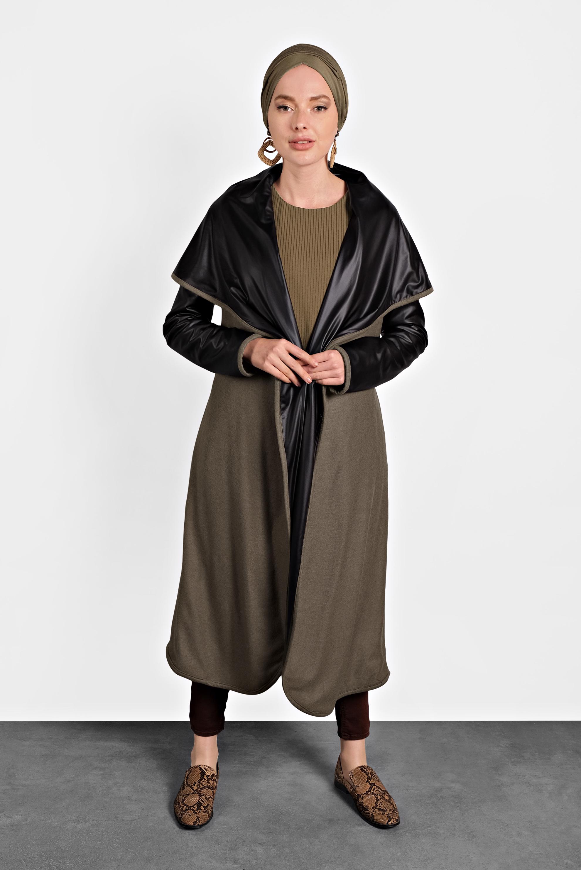 Tesettür giyim VİZON BELİ KUŞAKLI KABAN 9313