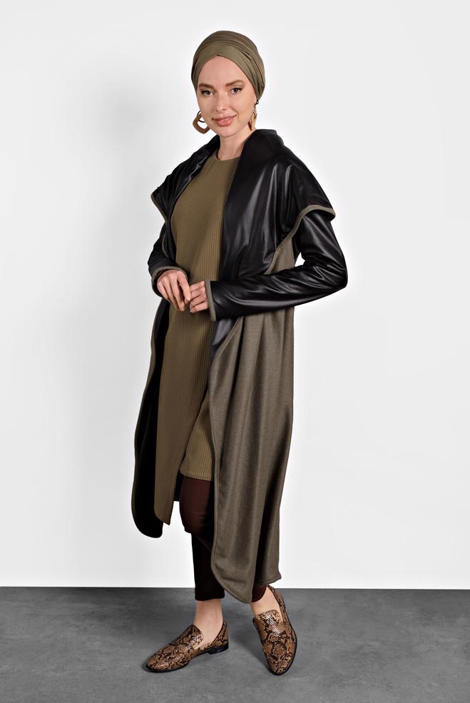 Tesettür giyim VİZON BELİ KUŞAKLI KABAN 9313 - ALVİNA