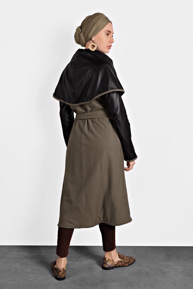 Tesettür giyim VİZON BELİ KUŞAKLI KABAN 9313 - ALVİNA