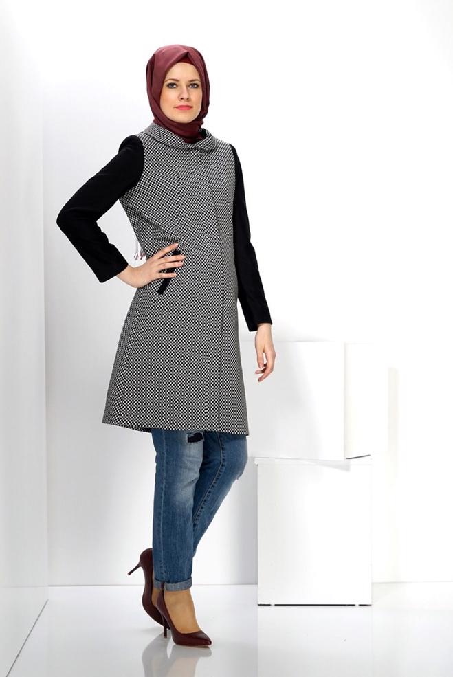 Tesettür giyim SİYAH PETER PAN YAKA DESENLİ KABAN 9317 - ALVİNA