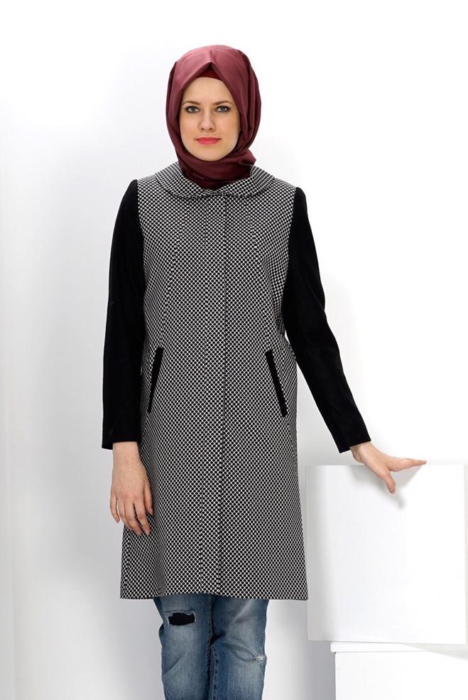 Tesettür giyim SİYAH PETER PAN YAKA DESENLİ KABAN 9317 - ALVİNA