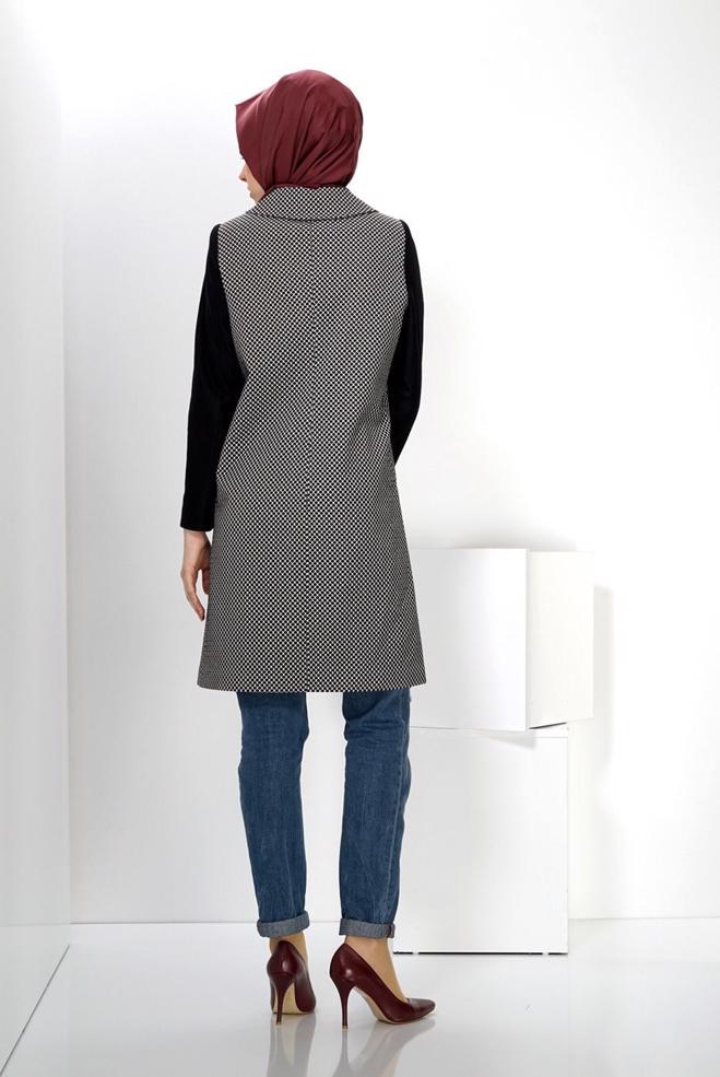 Tesettür giyim SİYAH PETER PAN YAKA DESENLİ KABAN 9317 - ALVİNA