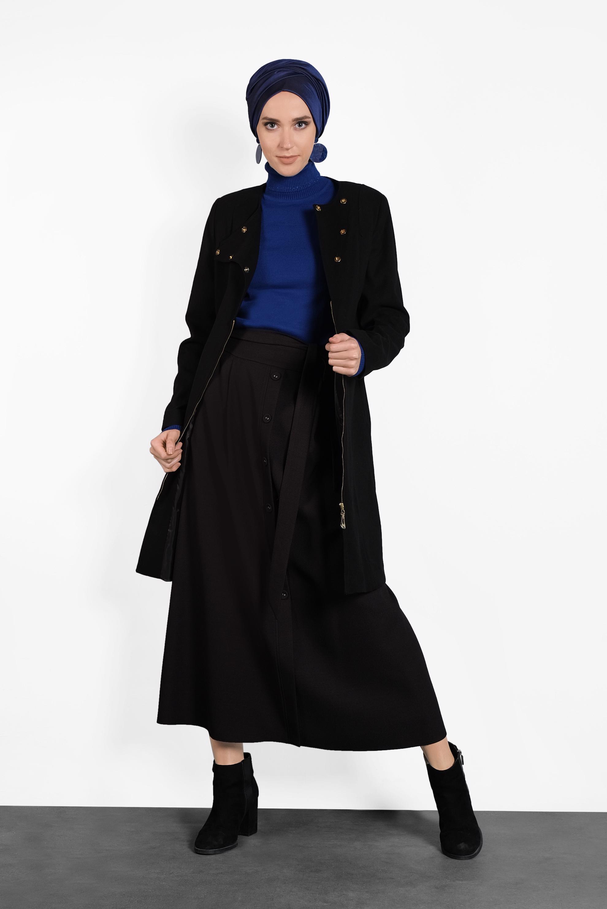 Tesettür giyim SİYAH ÇITÇITLI FERMUARLI KABAN 9318 