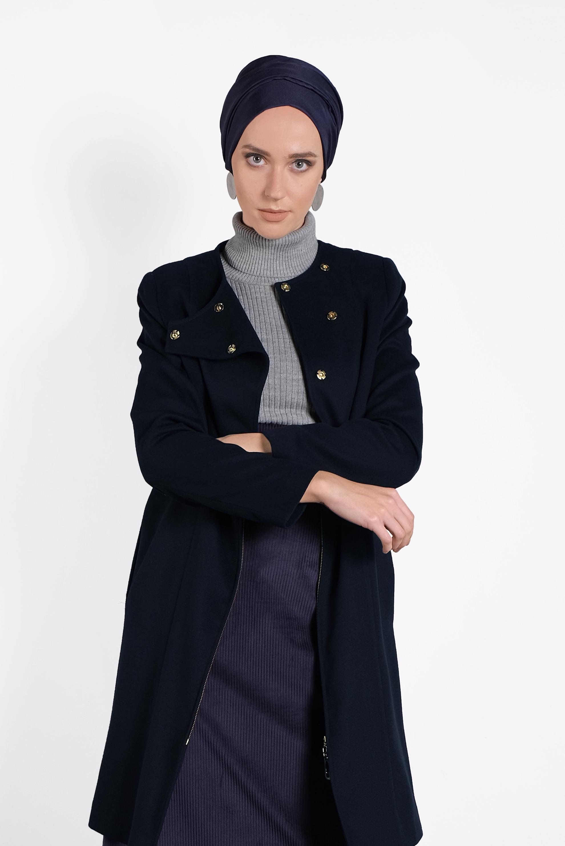 Tesettür giyim LACİVERT ÇITÇITLI FERMUARLI KABAN 9318 