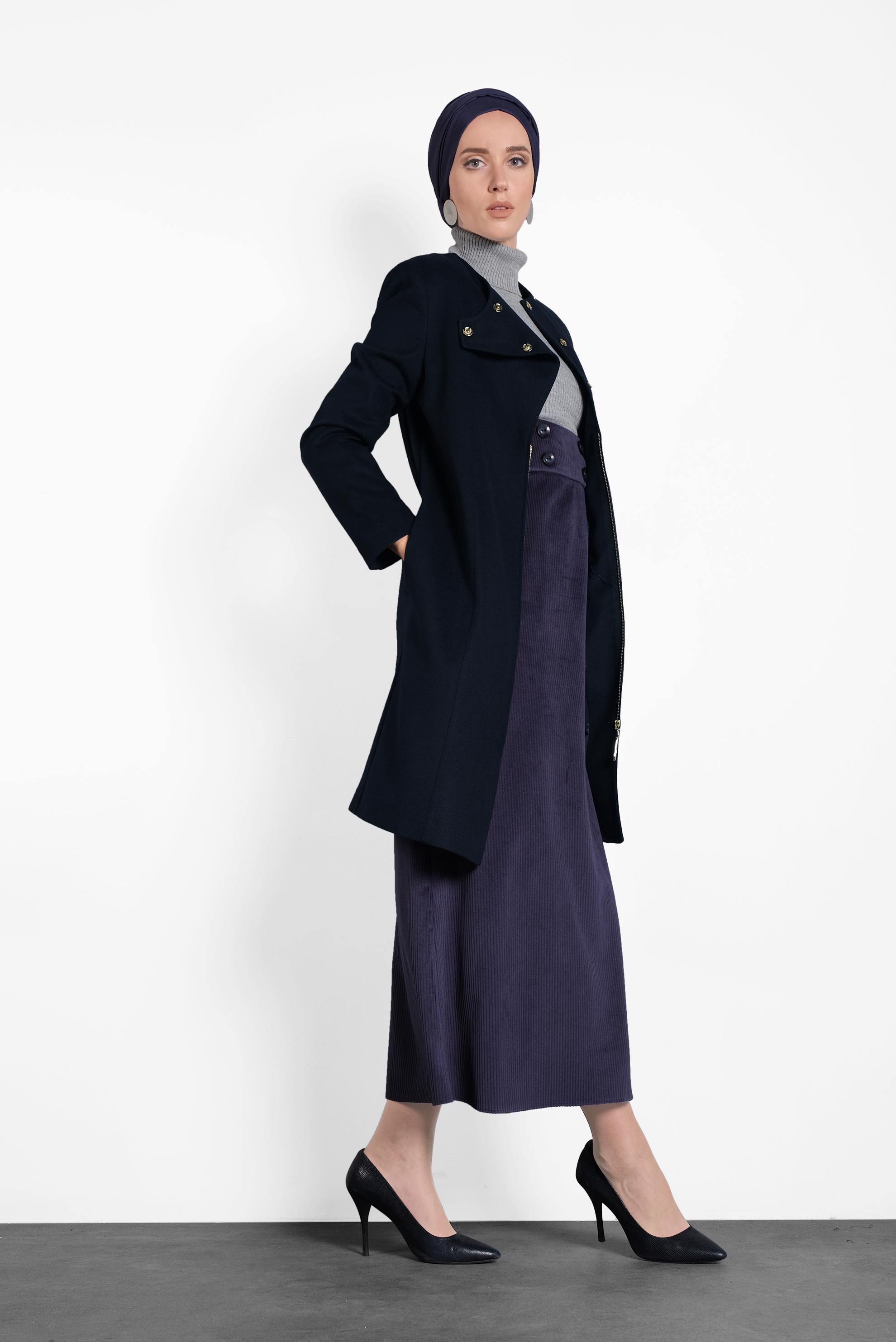 Tesettür giyim LACİVERT ÇITÇITLI FERMUARLI KABAN 9318 