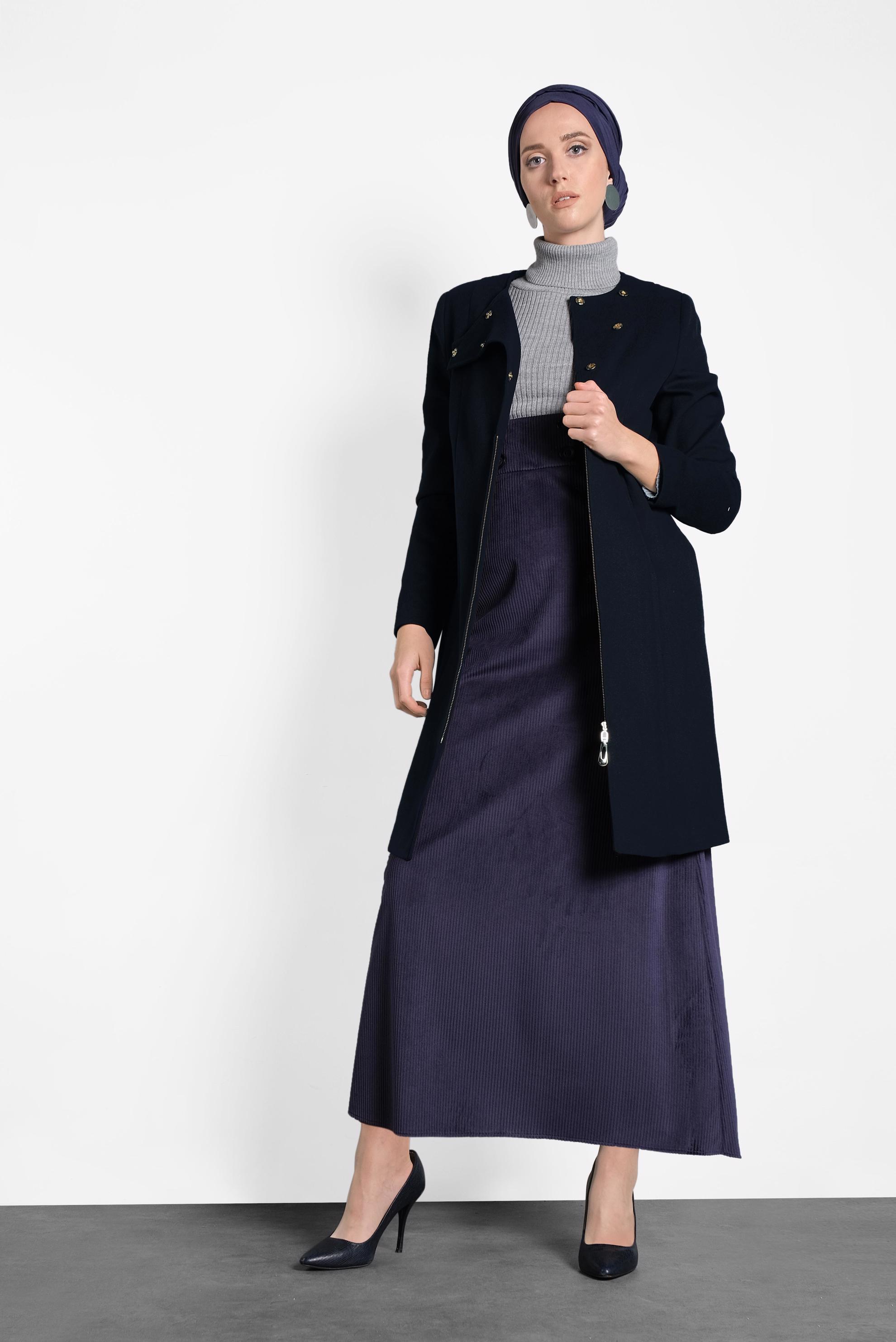 Tesettür giyim LACİVERT ÇITÇITLI FERMUARLI KABAN 9318 