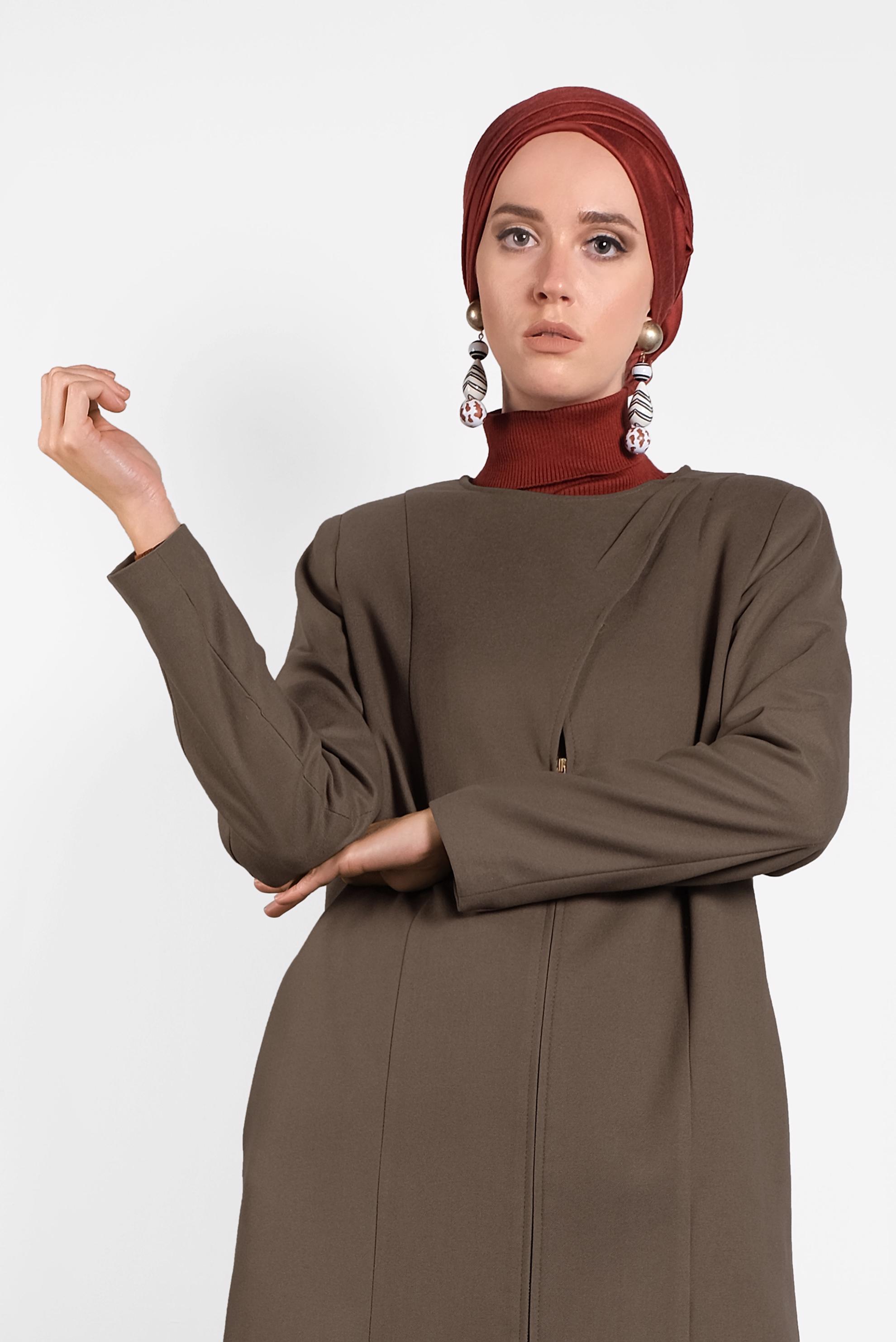 Tesettür giyim VİZON ÇITÇITLI FERMUARLI KABAN 9318 