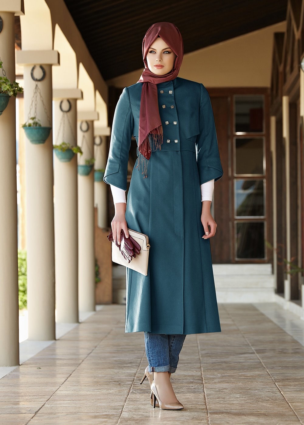 Tesettür giyim MAVİ DİRSEK KOL TESETTÜR MANTO 9253