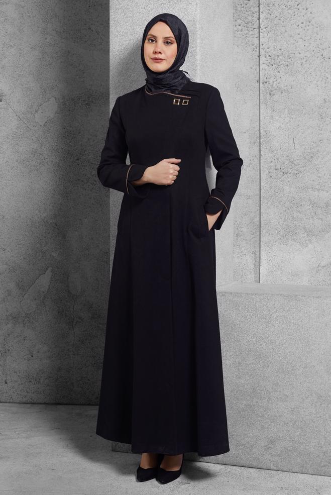 Hijab clothing BLACK OVERCOAT WITH POCKET DETAIL 9312 - ALVİNA