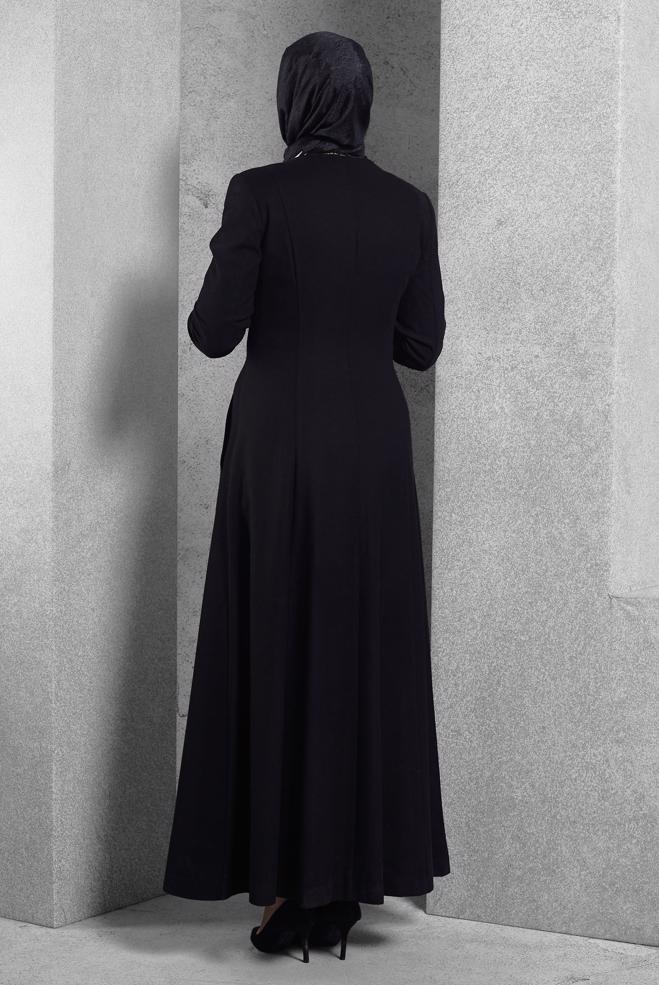 Hijab clothing BLACK OVERCOAT WITH POCKET DETAIL 9312 - ALVİNA