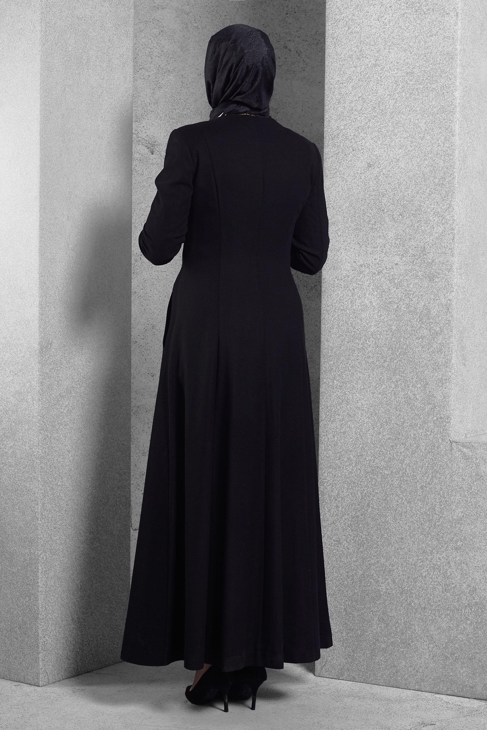 Tesettür giyim SİYAH CEP DETAYLI DÜZ MANTO 9312