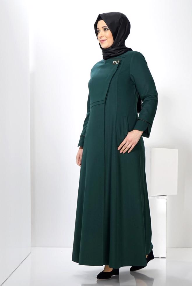 Hijab clothing GREEN OVERCOAT WITH POCKET DETAIL 9312 - ALVİNA