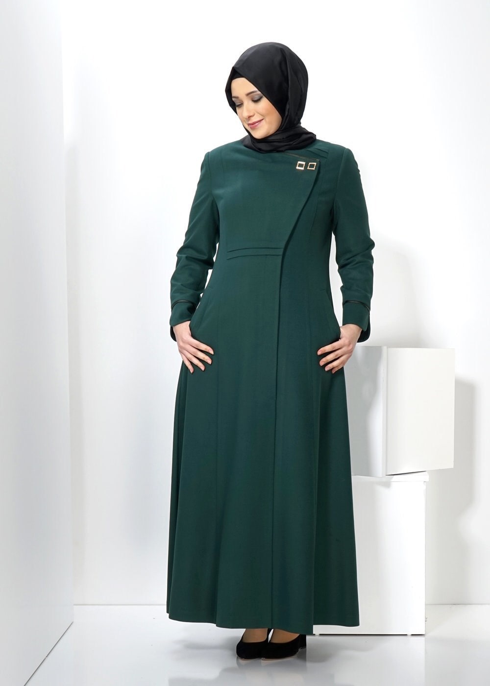Vêtements hijab VERT MANTEAU AVEC DÉTAIL DE POCHE 9312