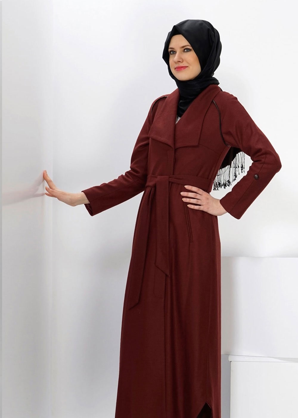 Tesettür giyim BORDO CEP DETAYLI MANTO 9337