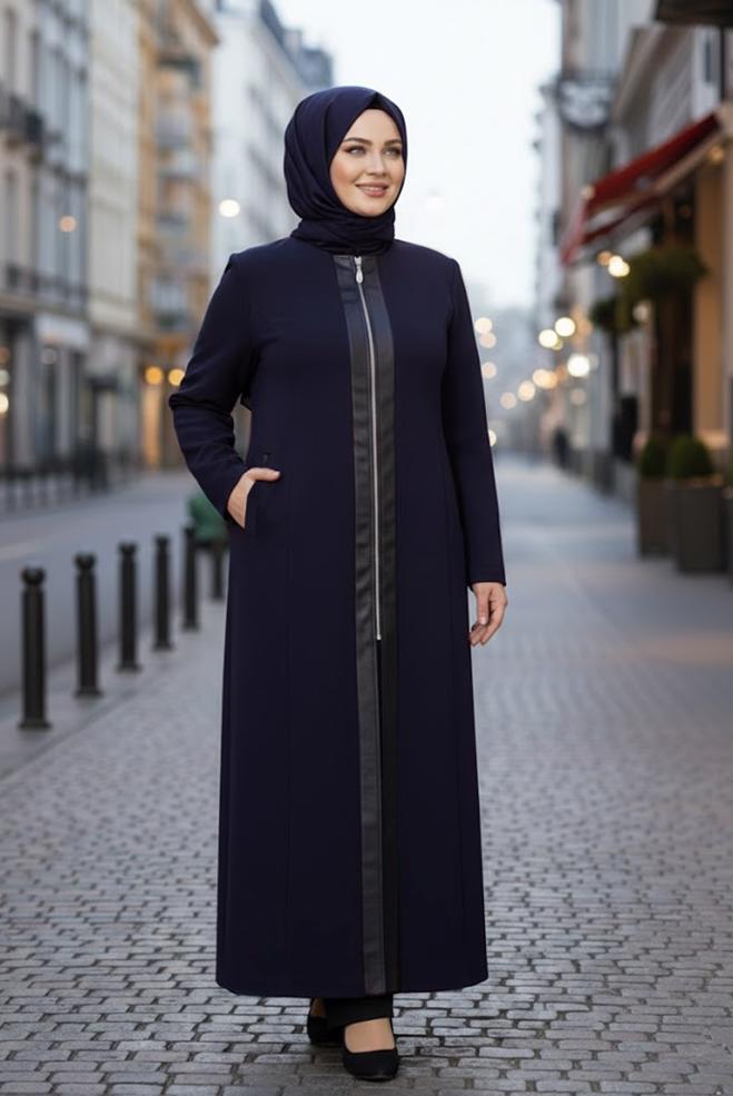 Hijab clothing NAVY BLUE PLUS SIZE OVERCOAT 9339 - ALVİNA