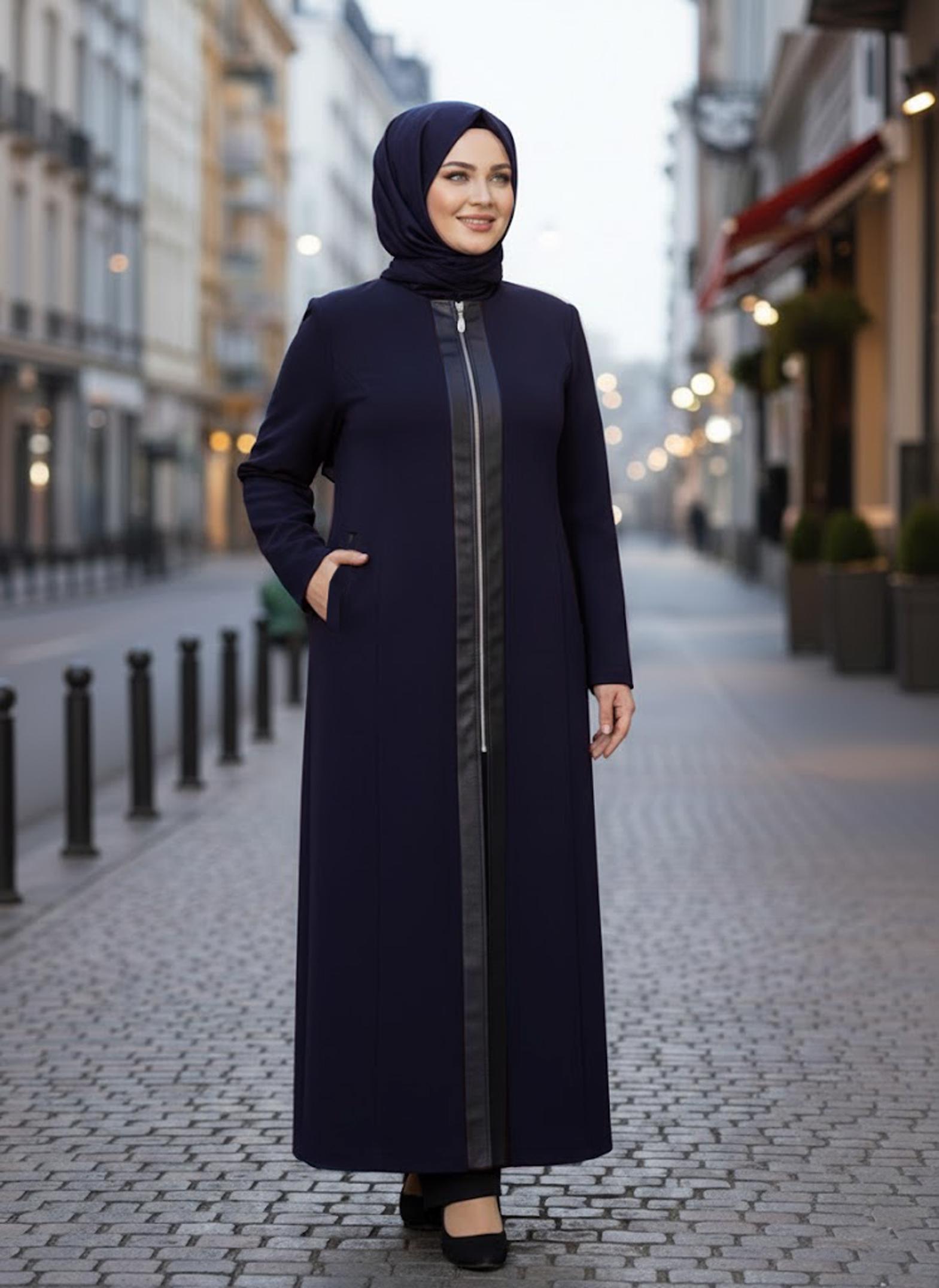 Tesettür giyim LACİVERT BÜYÜK BEDEN DÜZ MANTO 9339