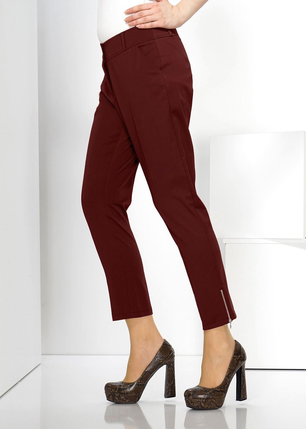 Tesettür giyim BORDO PAÇASI FERMUARLI DÜŞÜK BEL PANTOLON 7813