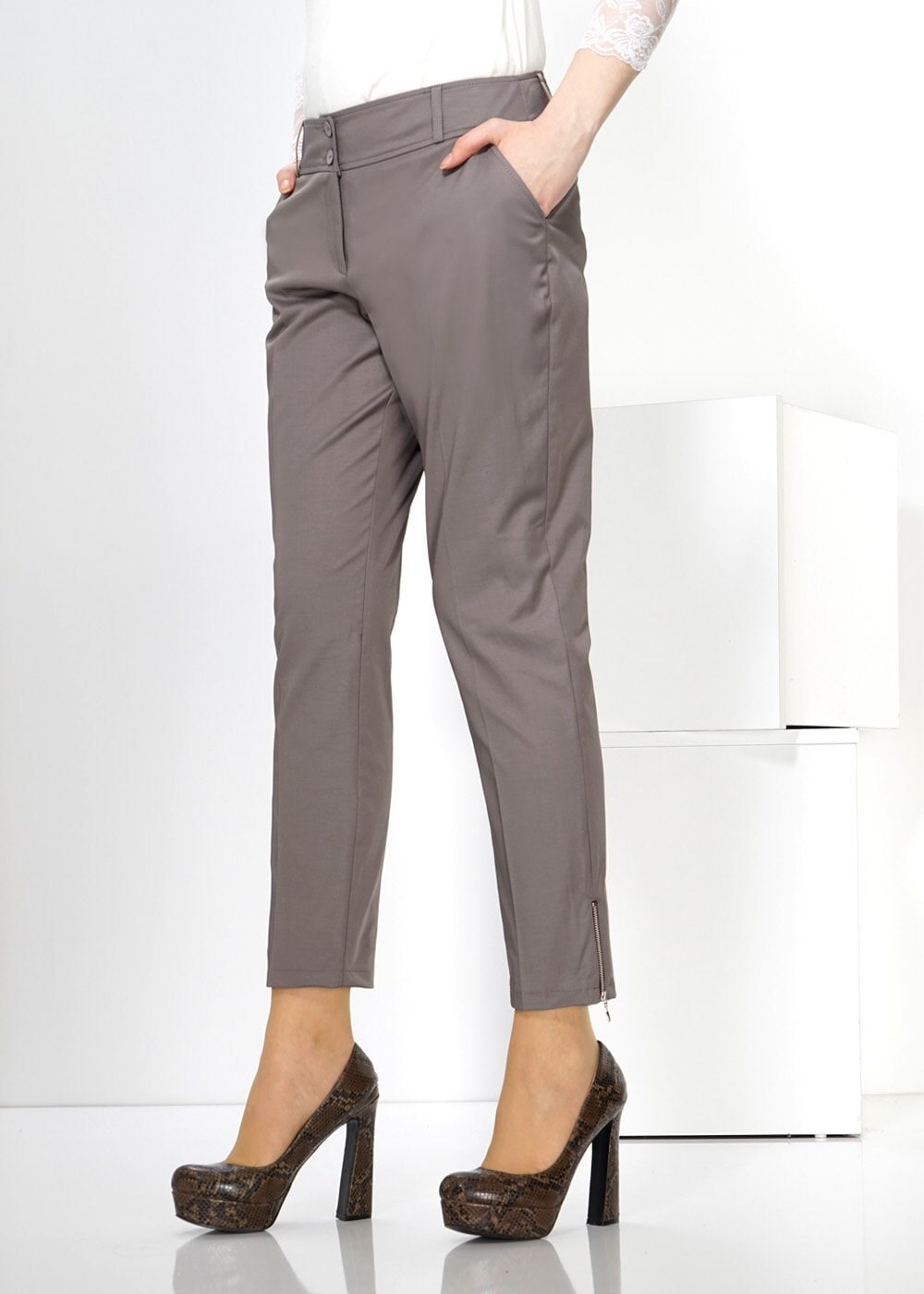 Tesettür giyim VİZON PAÇASI FERMUARLI DÜŞÜK BEL PANTOLON 7813