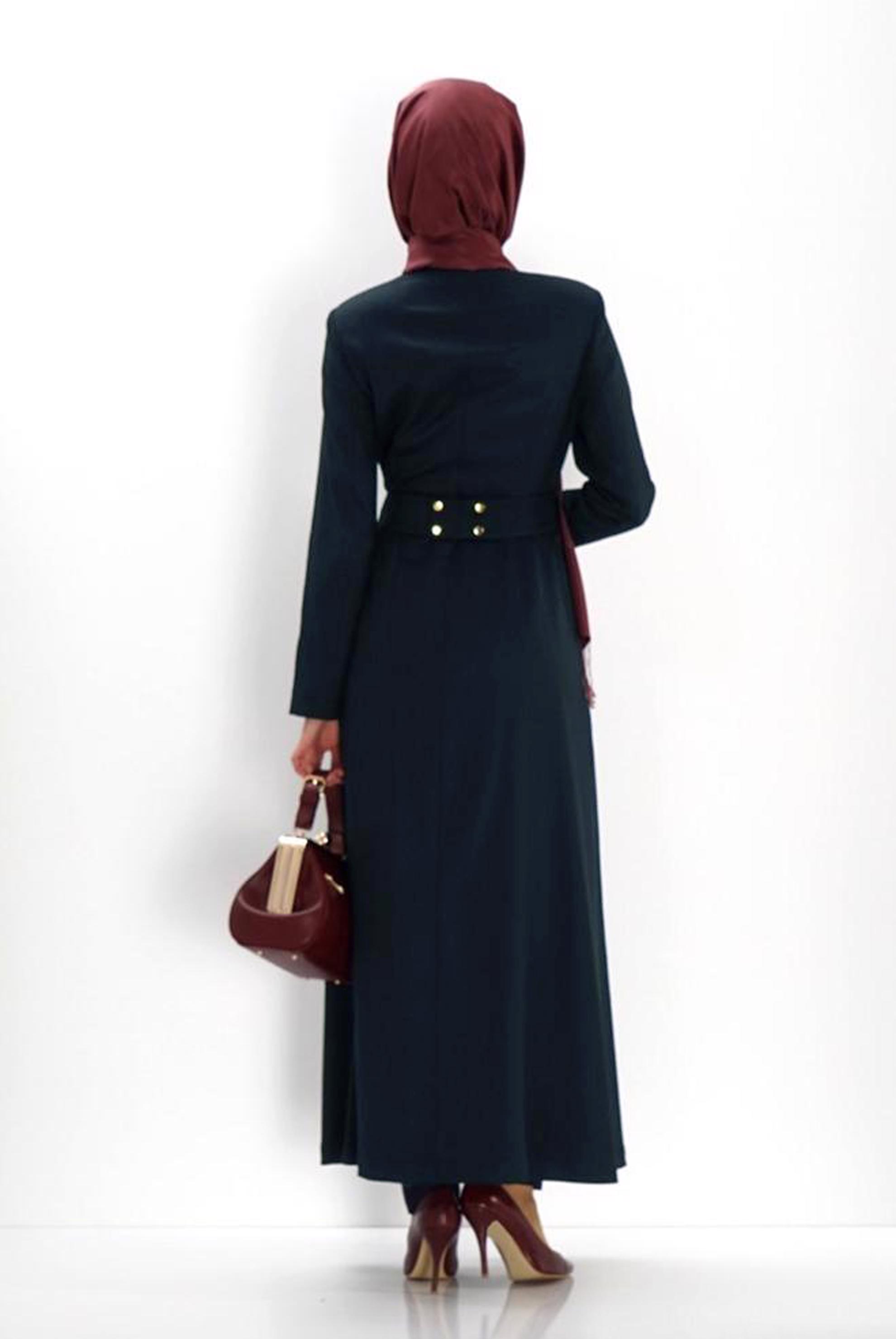 Tesettür giyim YEŞİL AKSESUAR DETAYLI DERİ KUŞAKLI PARDESÜ 1326  