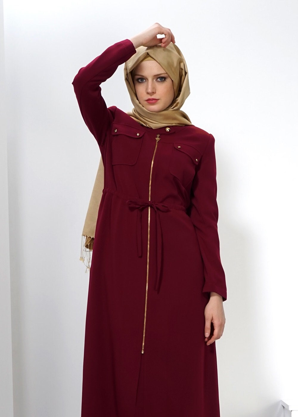 Tesettür giyim BORDO BAĞCIK DETAYLI PARDESÜ 1343