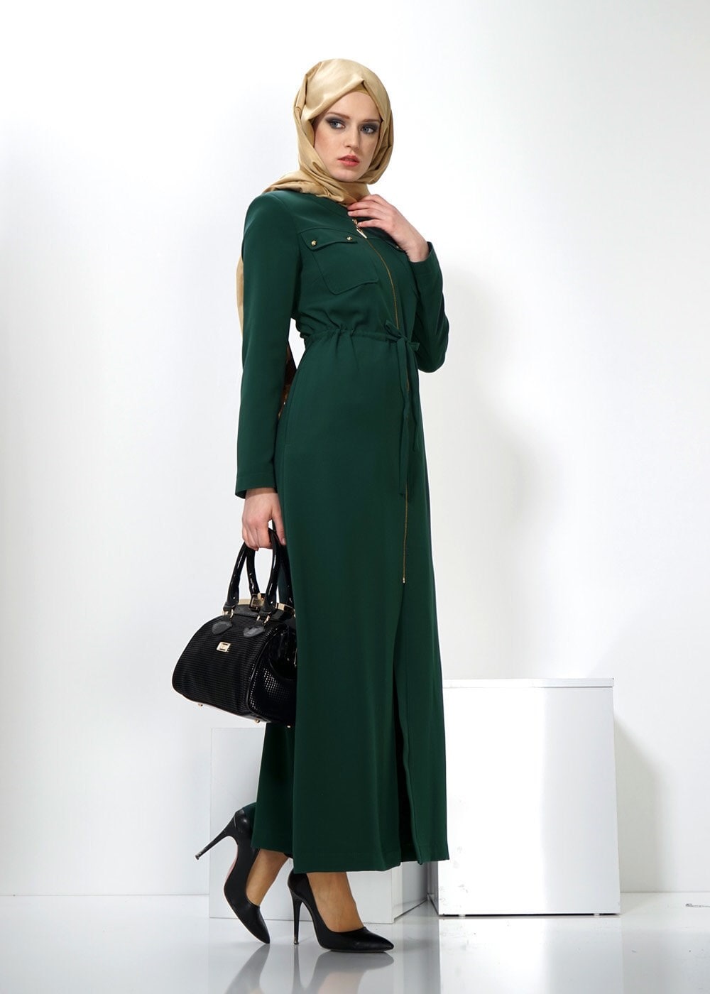 Tesettür giyim YEŞİL BAĞCIK DETAYLI PARDESÜ 1343