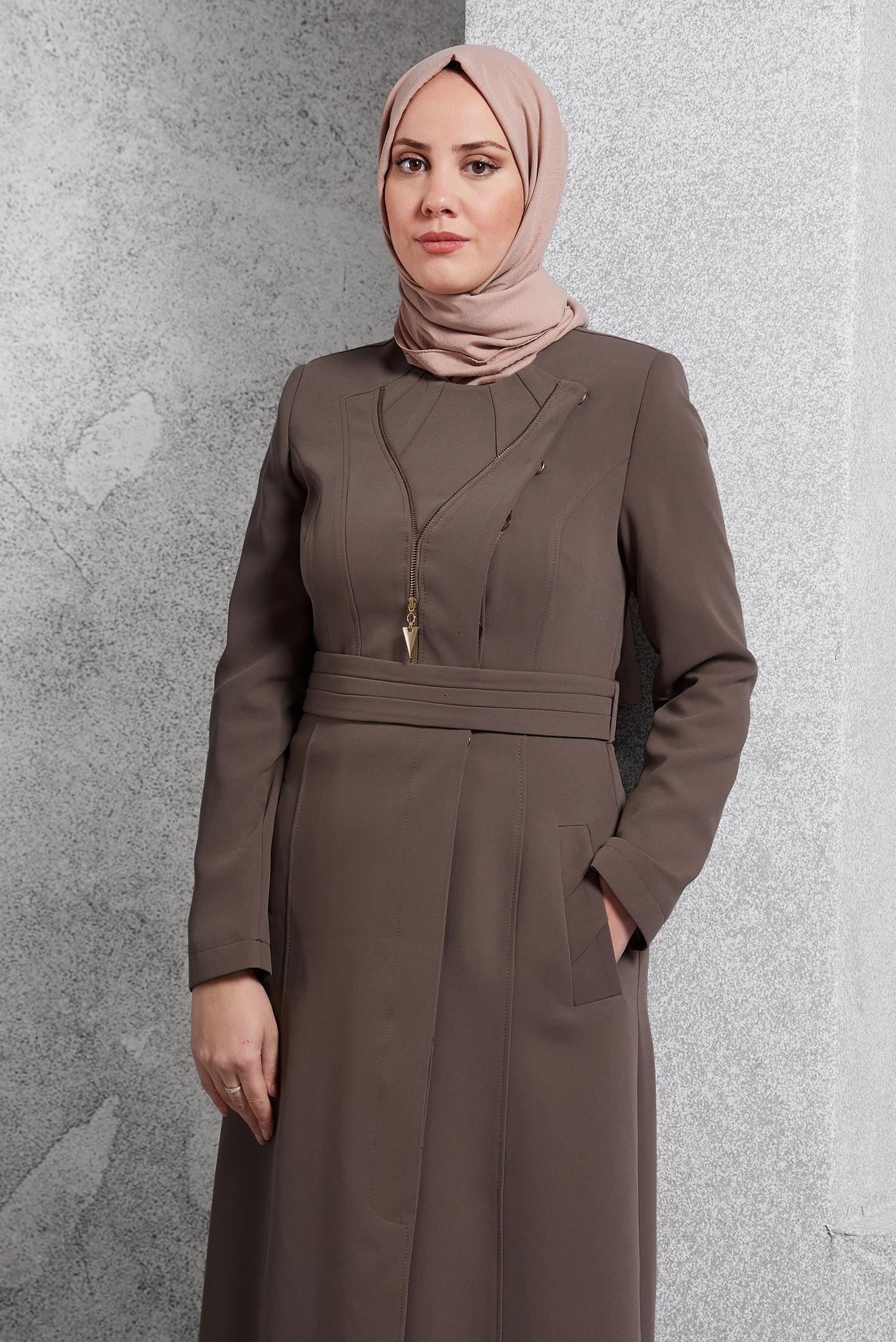 Tesettür giyim VİZON FERMUAR DETAYLI PARDESÜ 1349 