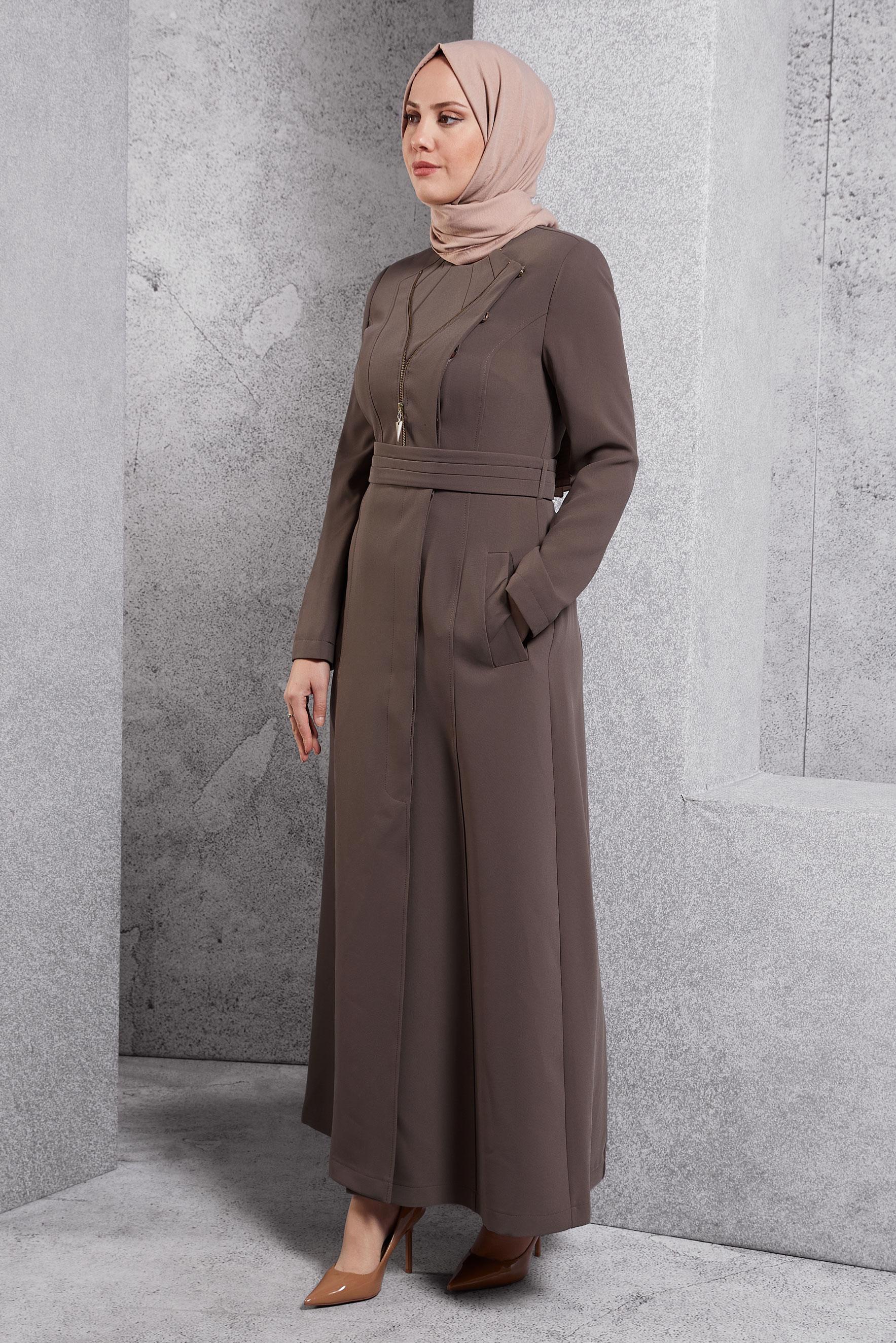 Tesettür giyim VİZON FERMUAR DETAYLI PARDESÜ 1349 