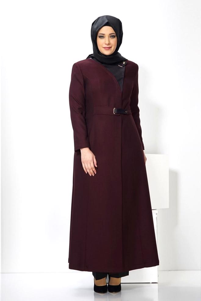 Vêtements hijab ROUGE BORDEAUX PARDESSUS AGRAFE À DEVANT 1358  - ALVİNA