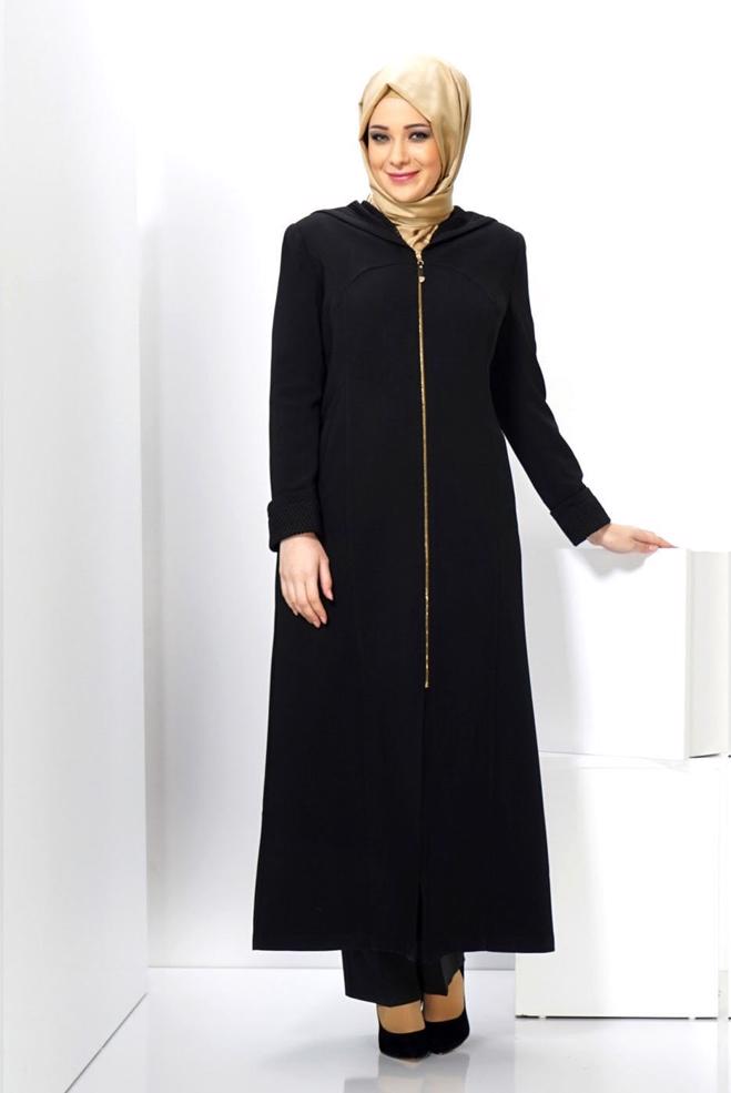 Vêtements hijab NOIR PARDESSUS À CAPUCHE 1370 - ALVİNA