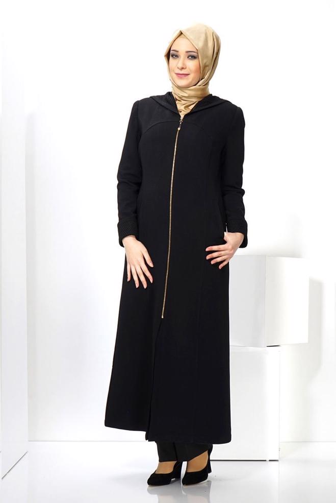 Vêtements hijab NOIR PARDESSUS À CAPUCHE 1370 - ALVİNA