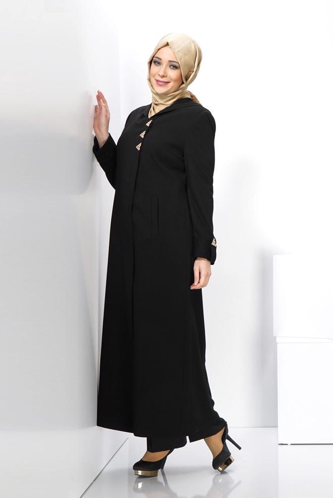Vêtements hijab NOIR PARDESSUS À CAPUCHE GRANDE TAILLE 1371 - ALVİNA