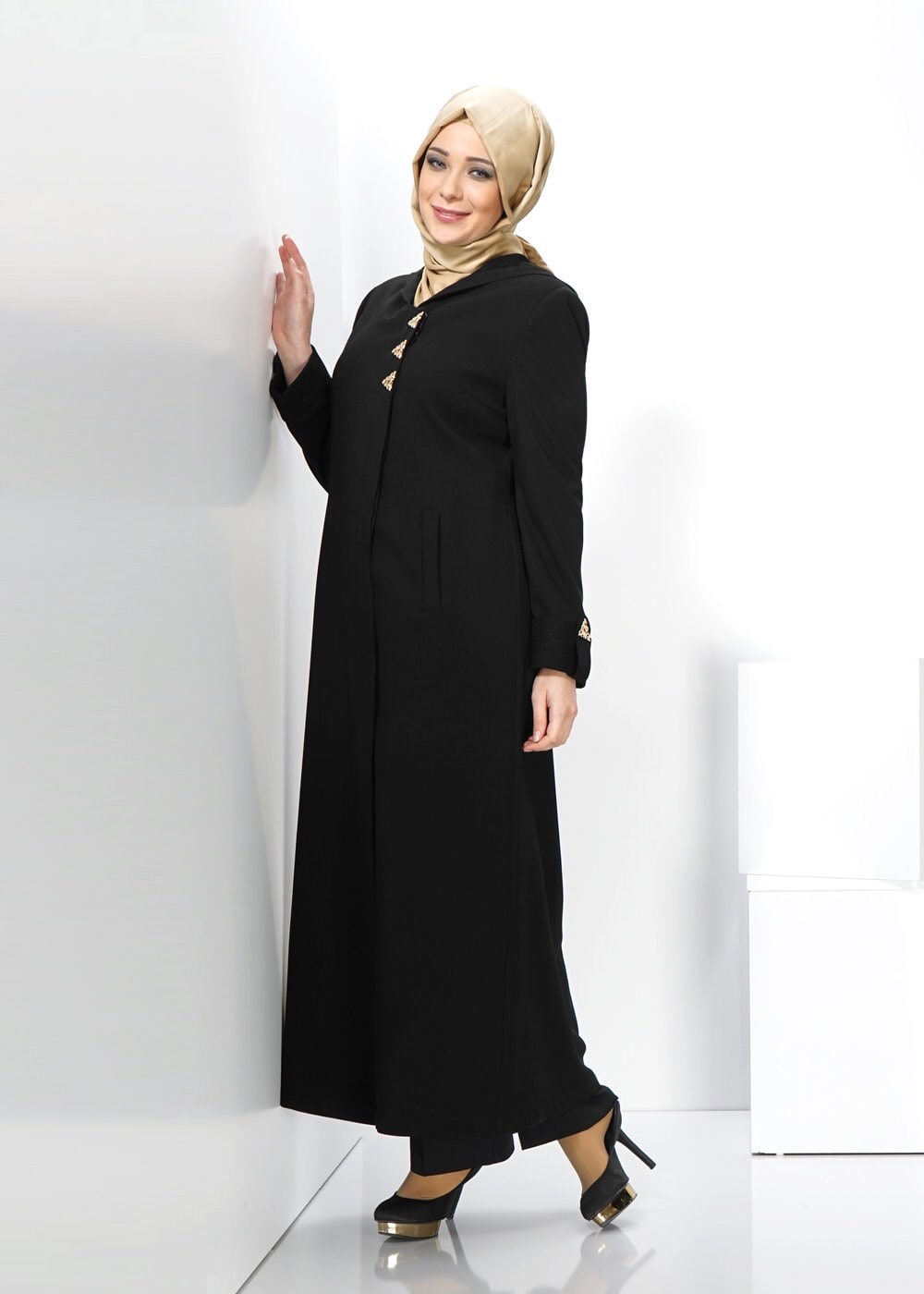 Vêtements hijab NOIR PARDESSUS À CAPUCHE GRANDE TAILLE 1371