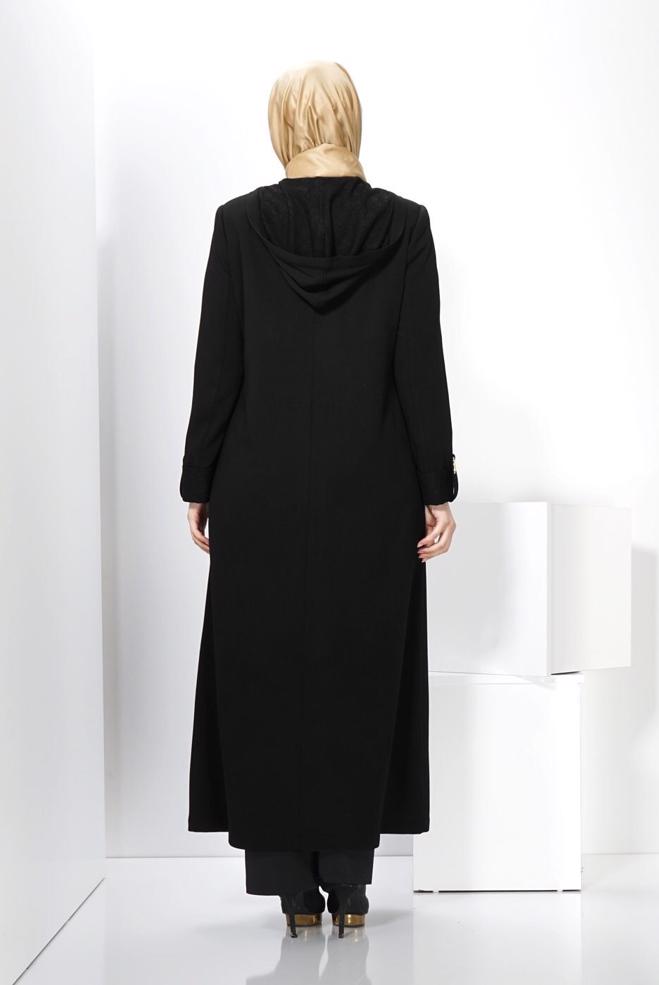 Vêtements hijab NOIR PARDESSUS À CAPUCHE GRANDE TAILLE 1371 - ALVİNA
