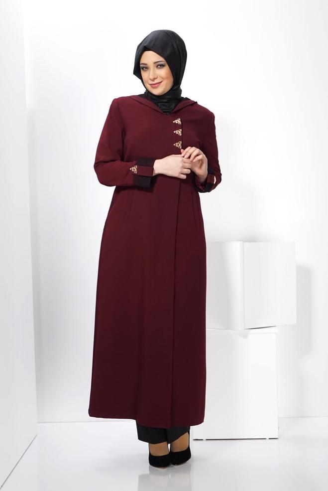 Vêtements hijab ROUGE BORDEAUX PARDESSUS À CAPUCHE GRANDE TAILLE 1371 - ALVİNA