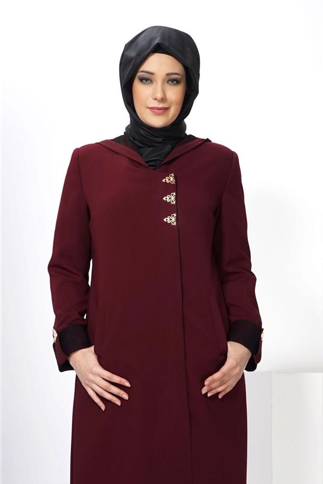Vêtements hijab ROUGE BORDEAUX PARDESSUS À CAPUCHE GRANDE TAILLE 1371 - ALVİNA