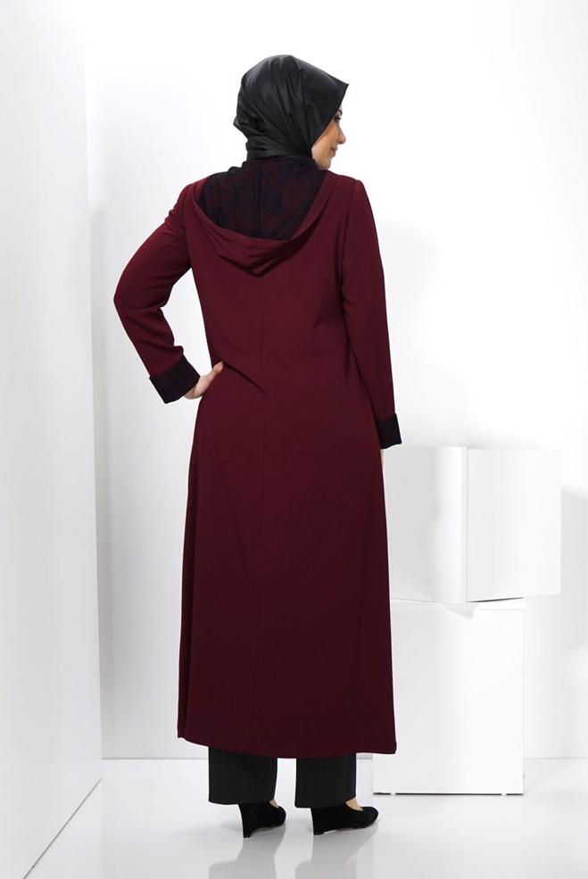 Vêtements hijab ROUGE BORDEAUX PARDESSUS À CAPUCHE GRANDE TAILLE 1371 - ALVİNA