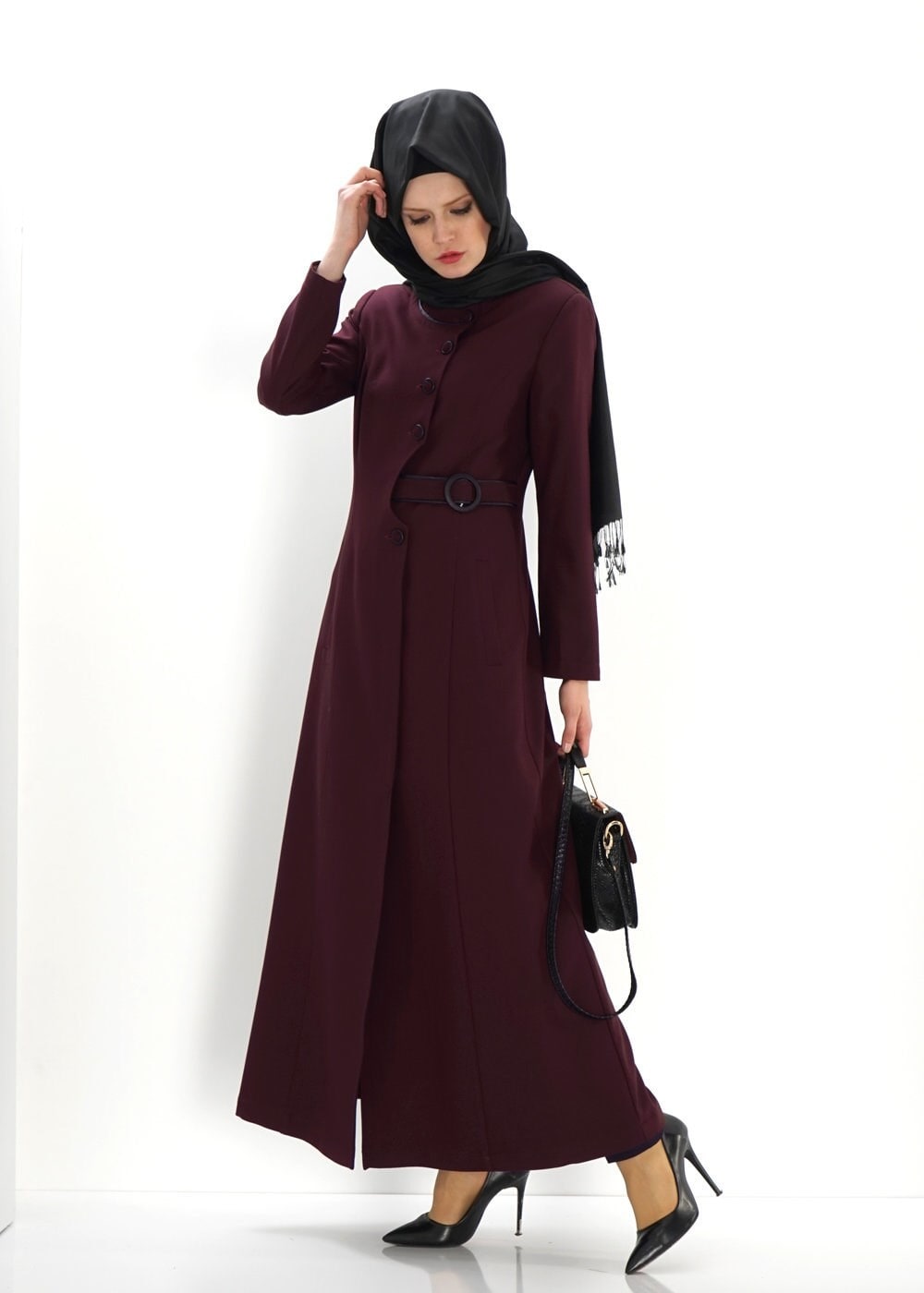 Tesettür giyim BORDO DİK YAKA PARDESÜ 1379