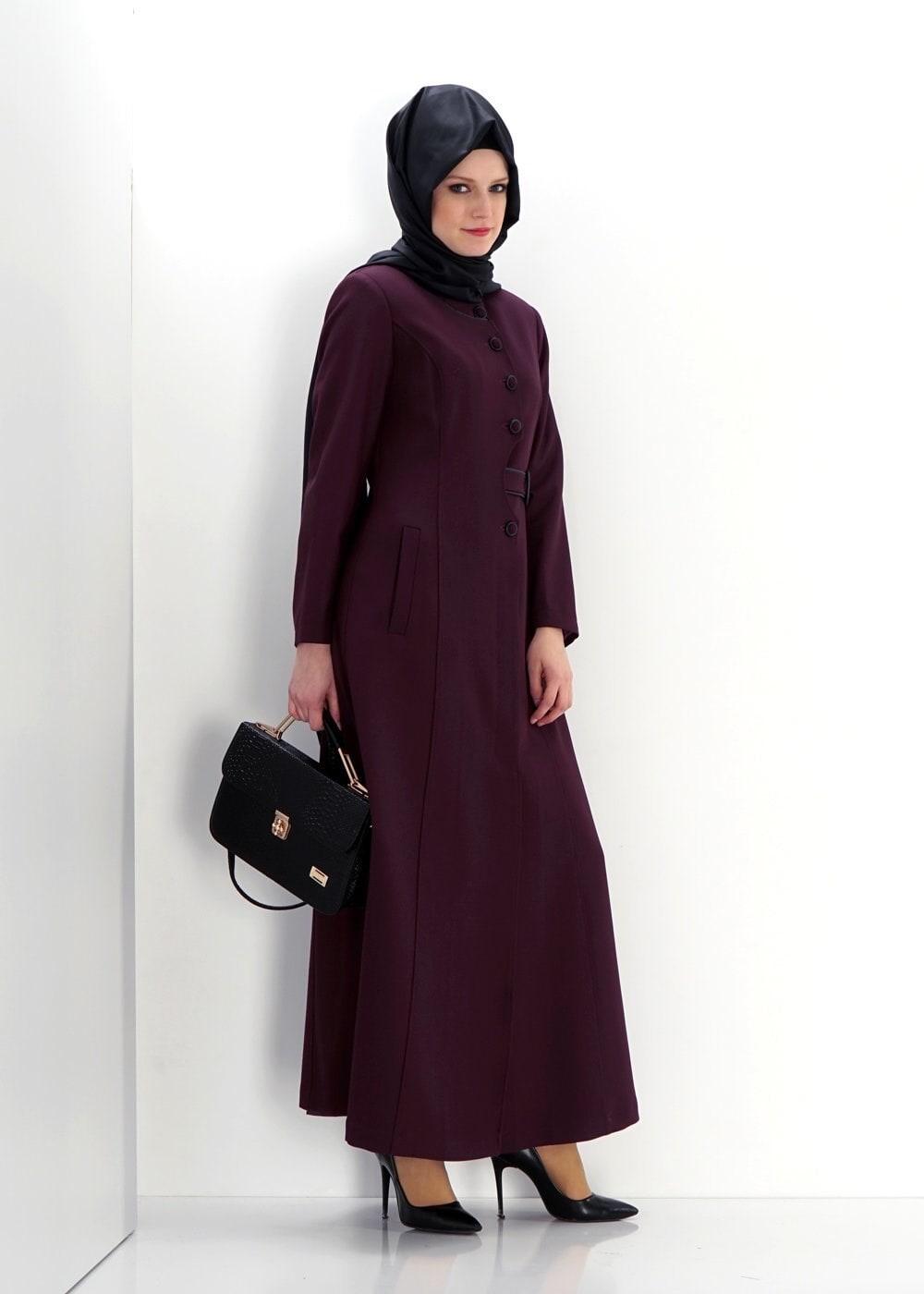 Tesettür giyim BORDO DİK YAKA PARDESÜ 1379