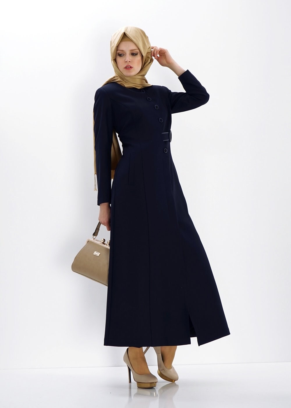 Tesettür giyim LACİVERT DİK YAKA PARDESÜ 1379