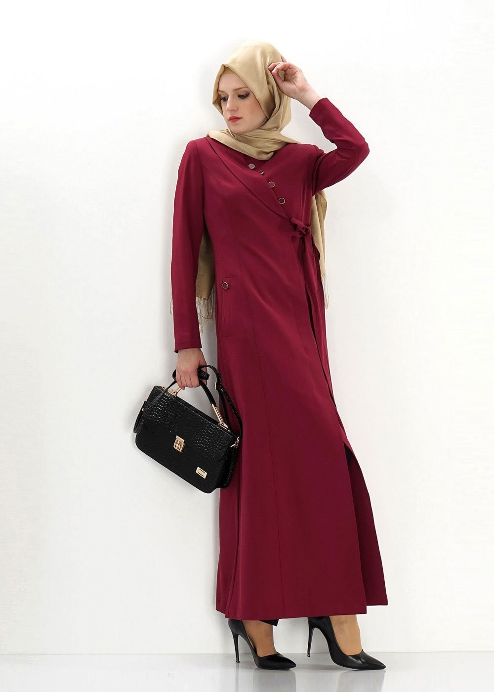 Tesettür giyim BORDO KUŞAKLI PARDESÜ 1382