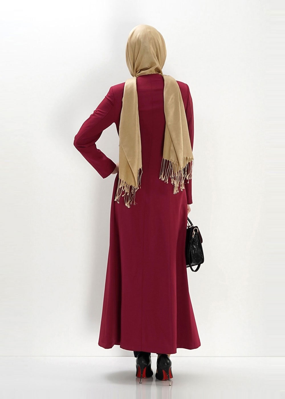 Tesettür giyim BORDO KUŞAKLI PARDESÜ 1382