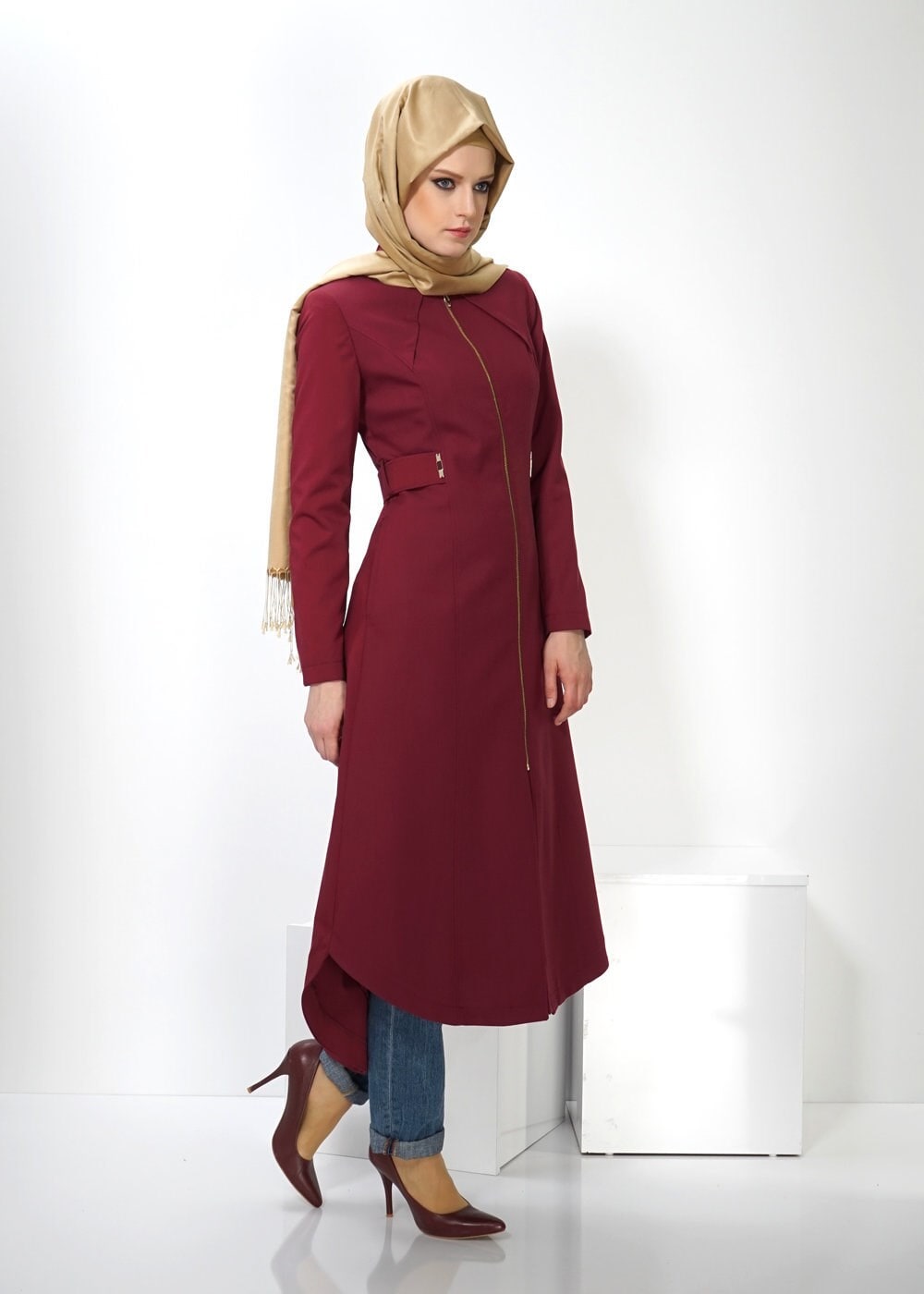 Tesettür giyim BORDO FERMUARLI PARDESÜ 1391