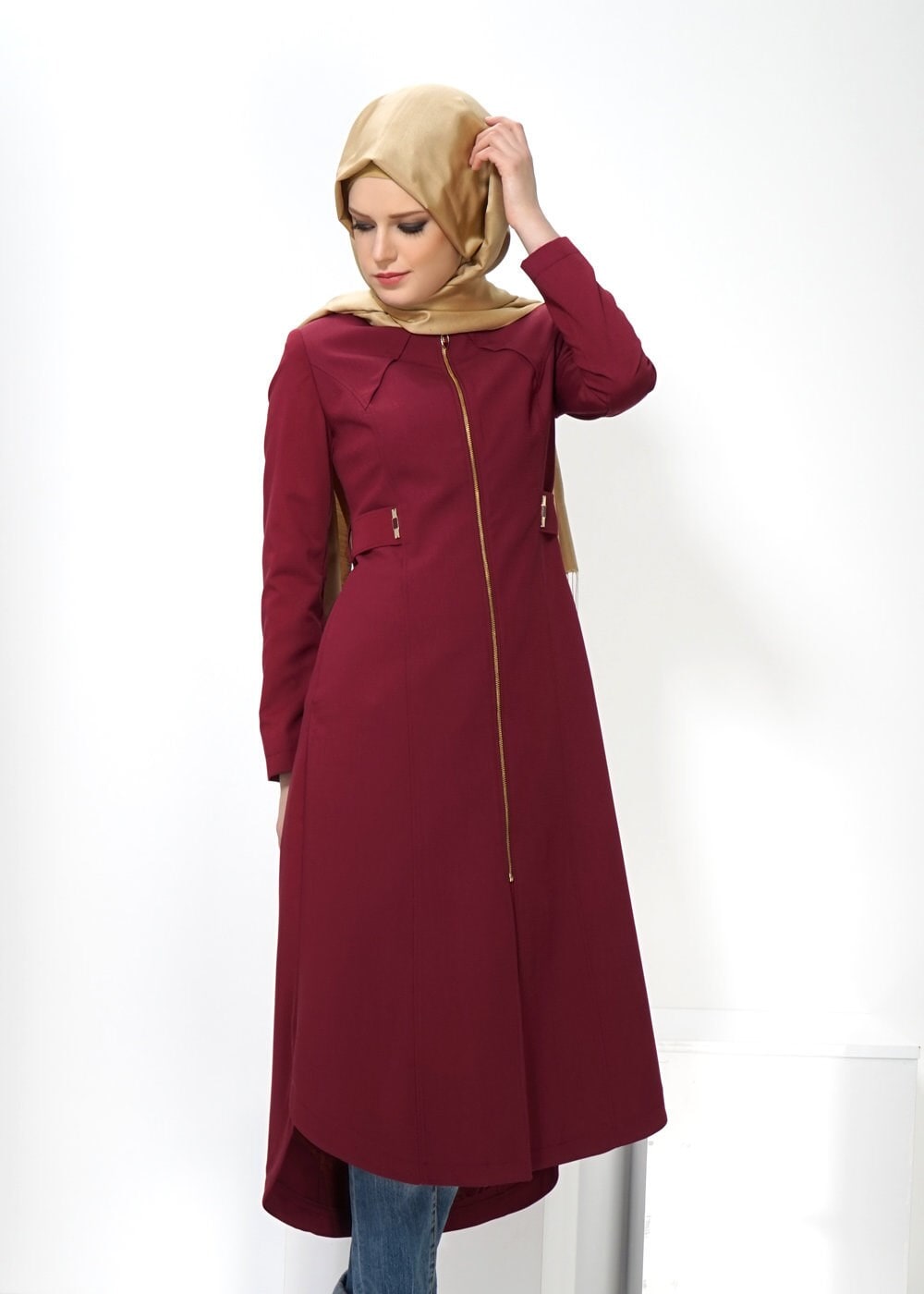 Tesettür giyim BORDO FERMUARLI PARDESÜ 1391