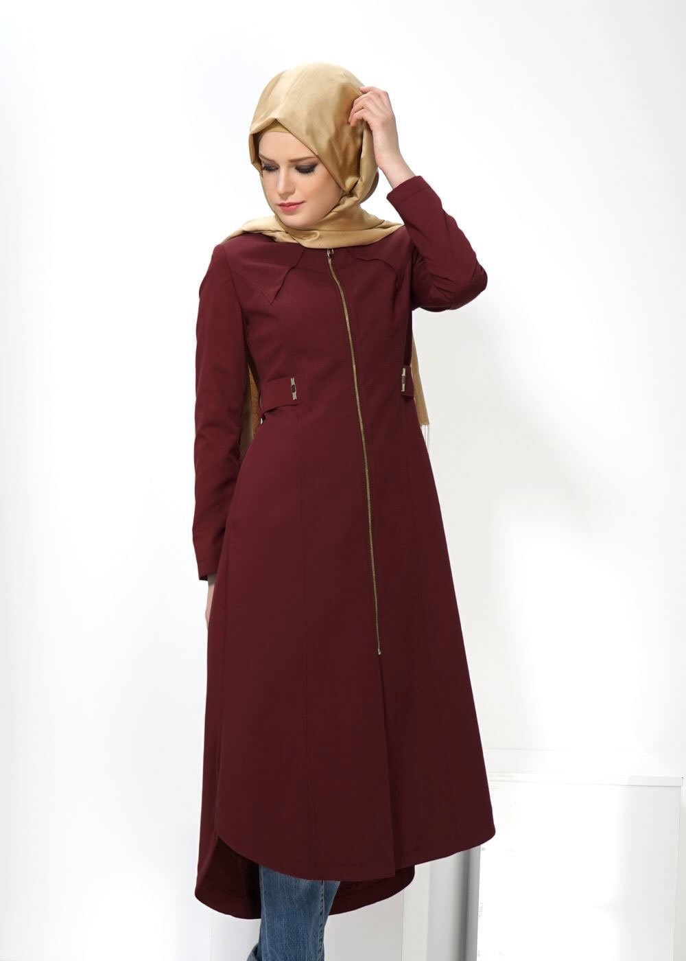 Tesettür giyim BORDO FERMUARLI PARDESÜ 1391