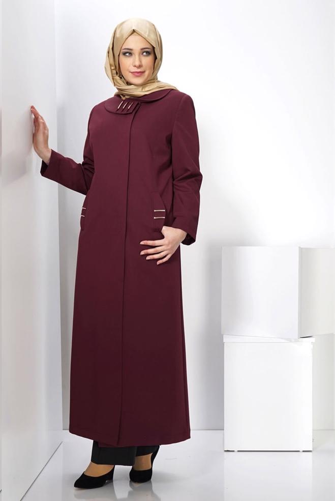 Vêtements hijab ROUGE BORDEAUX PARDESSUS À COL CLAUDINE 1400  - ALVİNA