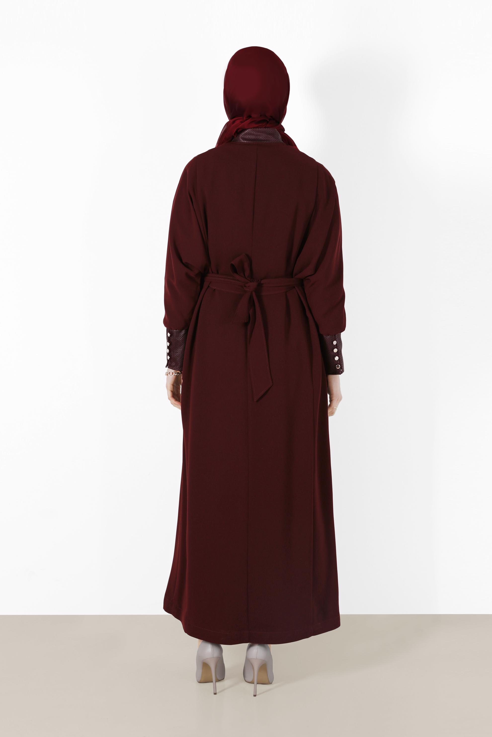 Tesettür giyim MÜRDÜM MANŞETLERİ DERİ DETAYLI HAKİM YAKA PARDESÜ 1407 