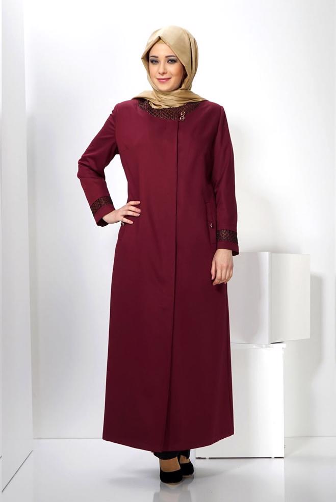 Vêtements hijab ROUGE BORDEAUX PARDESSUS AVEC POCHES 1408  - ALVİNA