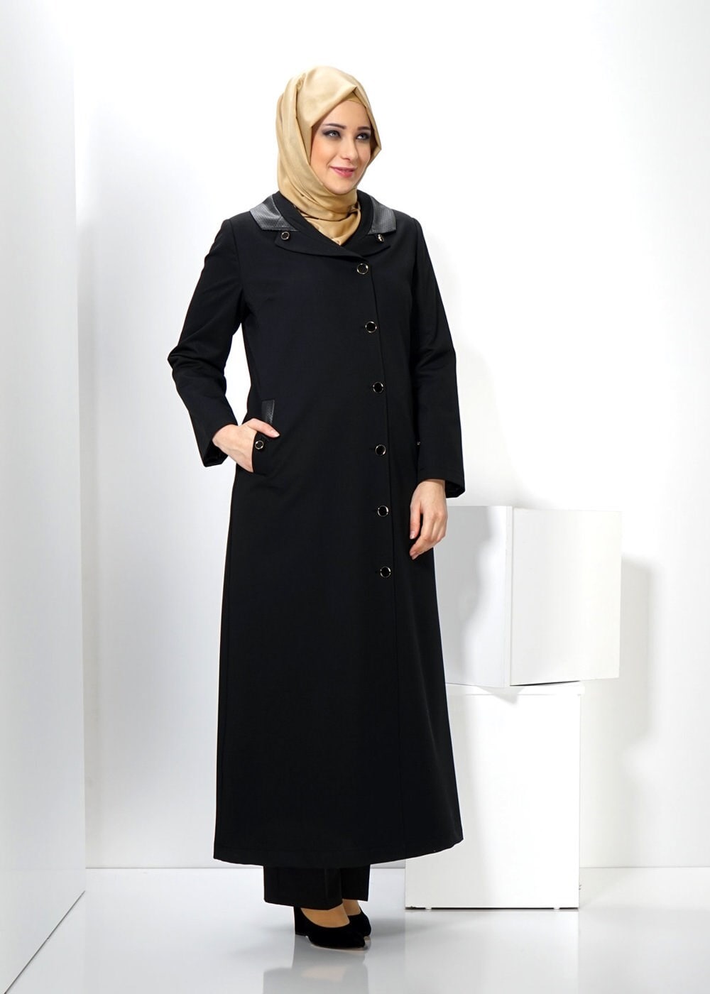 Hijab clothing BLACK BUTTONED TOPCOAT 1415 