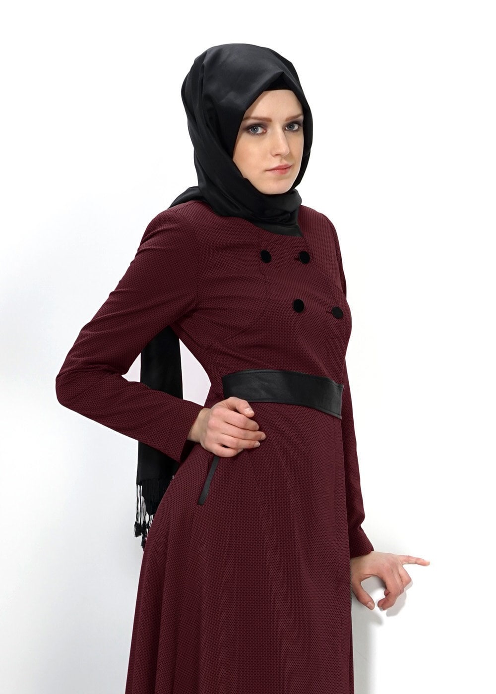 Tesettür giyim BORDO DÜĞMELİ PARDESÜ 1420