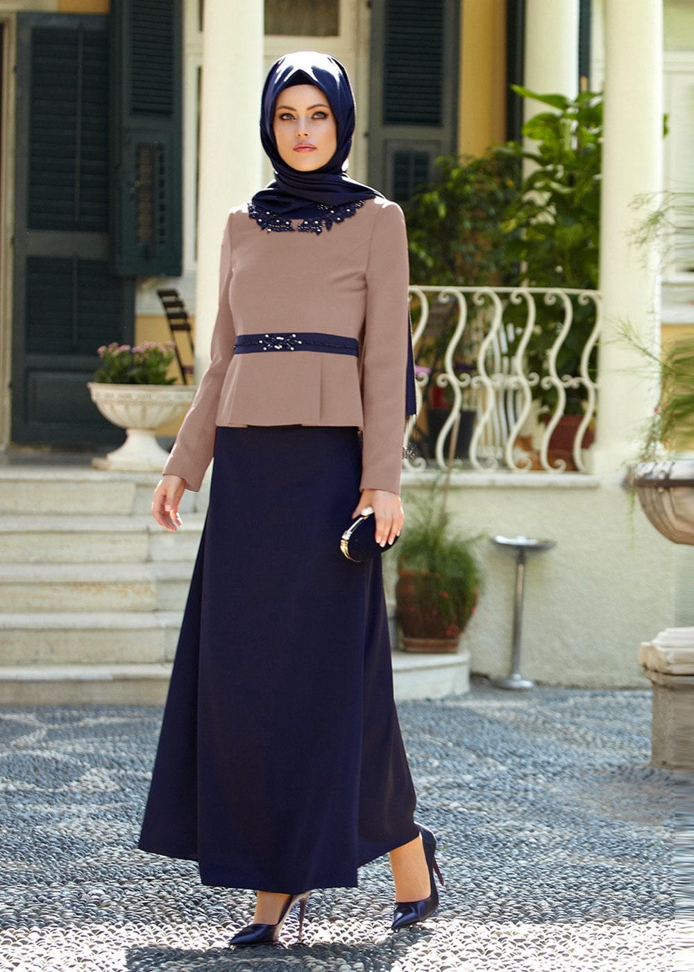 Tesettür giyim KAHVE 3044E ETEKLİ TAKIM